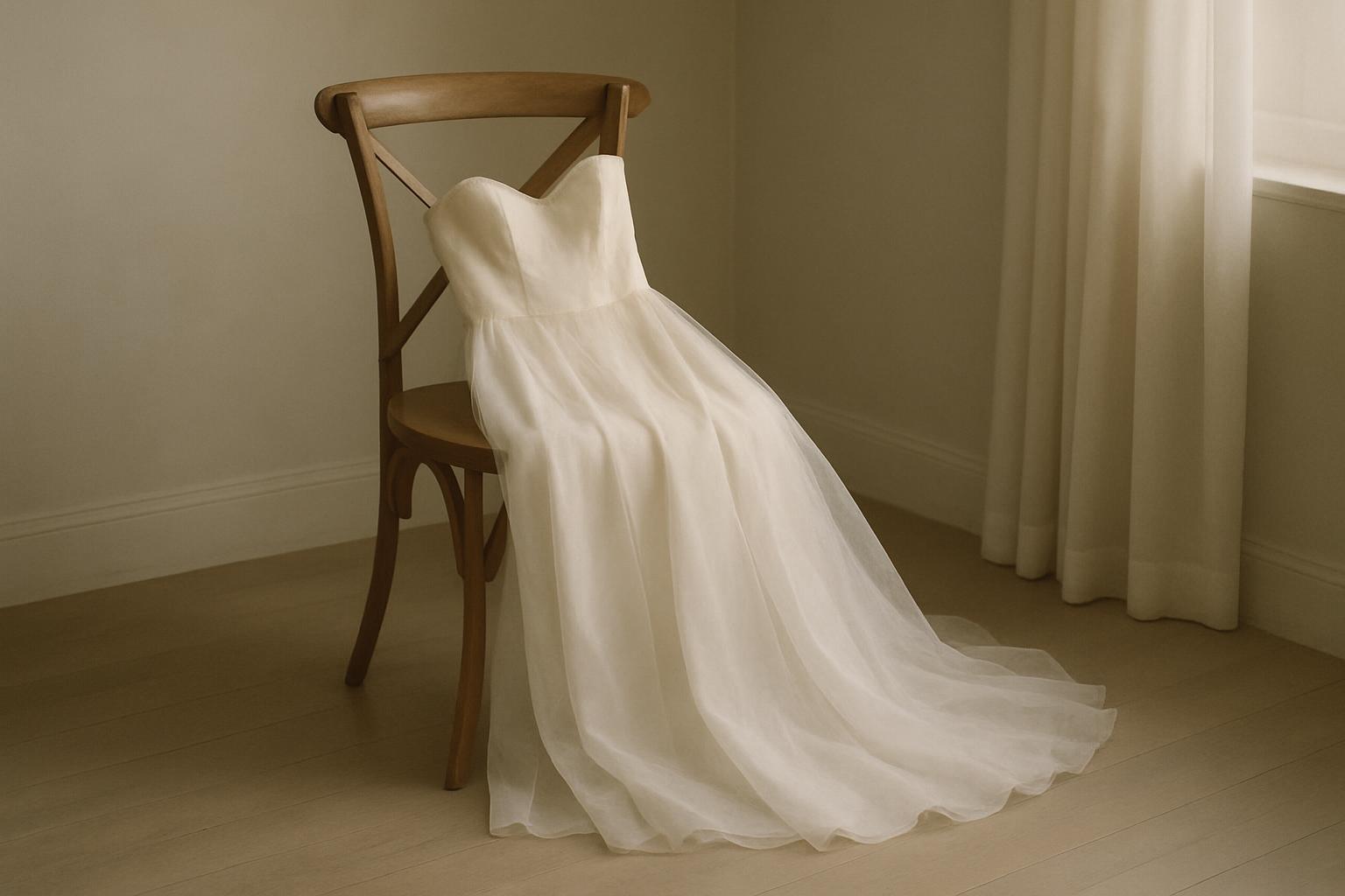 wedding dress laying on a chair, ready to be fitted